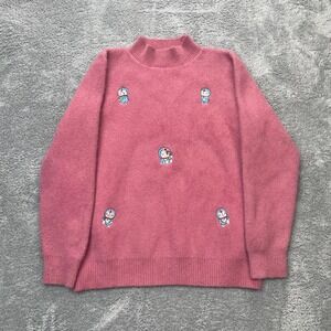 Doraemon Sweater Womens S? Pink Embroidered Tight Knit Pullover Anime Designer